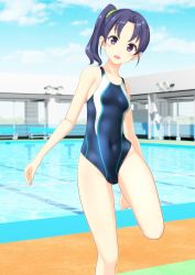 Rule 34 | 1girl, absurdres, bench, blue hair, blue one-piece swimsuit, blue sky, blurry, breasts, cloud, commentary request, covered navel, day, depth of field, feet out of frame, high school fleet, highres, long hair, looking at viewer, one-piece swimsuit, outdoors, pool, poolside, purple eyes, side ponytail, sky, small breasts, solo, standing, standing on one leg, swimsuit, takafumi, wazumi hime