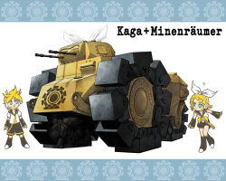 Rule 34 | 1boy, 1girl, ?, alternate color, blonde hair, brother and sister, detached sleeves, green eyes, gun, hair ribbon, headset, janome gochou, kagamine len, kagamine rin, military, military vehicle, motor vehicle, necktie, open mouth, pun, ribbon, siblings, tank, twins, vehicle, vocaloid, vskfz 617 minenraumer, wallpaper, weapon, wheel, world war ii