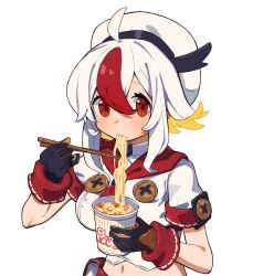 Rule 34 | 1girl, ahoge, beret, black gloves, blonde hair, breasts, chopsticks, commentary request, copyright request, crop top, cup, disposable cup, eating, food, gloves, greentanuki, hair between eyes, hat, highres, holding, holding chopsticks, holding cup, medium breasts, midriff, multicolored hair, navel, nina (greentanuki), nissin cup noodle, noodles, red eyes, red hair, shirt, short sleeves, simple background, solo, two-tone hair, upper body, white background, white hair, white hat, white shirt