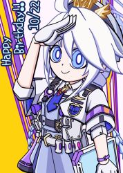 Rule 34 | 1girl, ahoge, baton (weapon), belt, blue archive, blue eyes, blue halo, blue necktie, braid, bright pupils, chest harness, cuffs, dress, gloves, grey dress, gun, hair between eyes, halo, handcuffs, handgun, happy birthday, harness, hat, highres, holding, holding tablet pc, holster, jacket, kirino (blue archive), long hair, looking at viewer, megaphone, multicolored background, necktie, police, police badge, police hat, police uniform, policewoman, purple armband, revolver, salute, shirt, shoulder boards, smile, smith &amp; wesson 360, smoke grenade, solo, swept bangs, tablet pc, thigh holster, twin braids, twintails, uniform, unihead207215, upper body, very long hair, watch, weapon, white belt, white gloves, white hair, white jacket, white pupils, white shirt, wristwatch