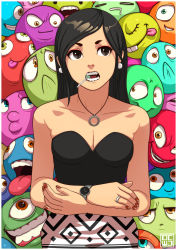 Rule 34 | 1girl, beans, black hair, breasts, brown eyes, candy, candy (smile precure!), cleavage, collarbone, dcwj, earrings, highres, jewelry, lollipop, long hair, nail polish, open mouth, original, ring, strapless, watch, wristwatch