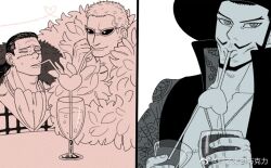 Rule 34 | 3boys, beard, black hair, blonde hair, coat, cocktail glass, crazy straw, crocodile (one piece), cup, dating, donquixote doflamingo, dracule mihawk, drinking, drinking glass, drinking straw, facial hair, hair slicked back, heart straw, male focus, mature male, mg cls, multiple boys, multiple monochrome, mustache, one piece, parody request, scar, scar on face, scar on nose, shared drink, short hair, stitches, sunglasses, table, third wheel, upper body, yaoi
