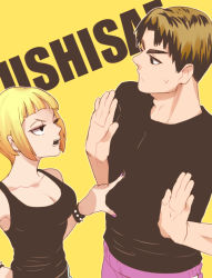 Rule 34 | 1boy, 1girl, text background, bare shoulders, black shirt, blonde hair, bracelet, breasts, brown hair, character name, cleavage, closed mouth, collarbone, earrings, frown, haikyuu!!, half-closed eyes, hand on own hip, height difference, index finger raised, jewelry, kaya (sister98), looking at another, nail, nail polish, nervous, purple nails, purple shorts, shirt, shorts, size difference, spiked bracelet, spikes, standing, sweatdrop, tanaka saeko (haikyuu!!), upper body, ushijima wakatoshi, v-shaped eyebrows, yellow background