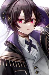 Rule 34 | 1boy, androgynous, artist name, black hair, blouse, choker, collared shirt, eyelashes, hair ornament, hairclip, hat, highres, looking at viewer, male focus, nixtutyannh, open mouth, original, purple eyes, ribbon, shirt, solo, vest, white background, white shirt
