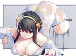 Rule 34 | 1girl, ass, bare shoulders, black hair, breast rest, breasts, cleavage, commentary, dress, english commentary, gold hairband, hairband, hot vr, large breasts, looking at viewer, pantylines, parody, patreon username, pixiv username, red eyes, screen, solo, spy x family, the ring, wet, wet clothes, wet dress, white dress, yor briar