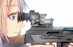 Rule 34 | 1girl, assault rifle, blonde hair, blue eyes, daito, gun, original, rifle, scope, short hair, solo, weapon
