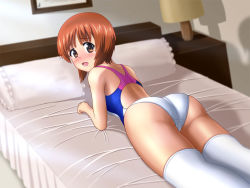Rule 34 | 10s, 1girl, ass, bed, blurry, blush, brown eyes, brown hair, competition swimsuit, depth of field, doutanuki, from behind, girls und panzer, indoors, lamp, looking at viewer, looking back, looking up, lying, nishizumi miho, on bed, on stomach, one-piece swimsuit, open mouth, shadow, short hair, solo, swimsuit, thighhighs, thighs, white thighhighs