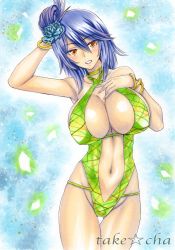 Rule 34 | 1girl, artist name, bare arms, bare shoulders, blue hair, blush, bracelet, breasts, cleavage, flower, flower on head, hair ornament, hand on head, hand on own chest, highres, jewelry, konan (naruto), large breasts, lipstick, makeup, midriff, naruto, naruto (series), navel, orange eyes, short hair, smile, swimsuit, takecha