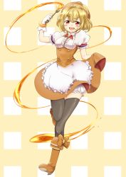 Rule 34 | 1girl, :d, apron, black thighhighs, blonde hair, bloomers, boots, bow, brooch, brown bow, brown footwear, brown hat, brown skirt, corset, food, food-themed clothes, frills, full body, gloves, hat, highres, jewelry, knee boots, looking at viewer, morinaga (brand), open mouth, original, pancake, red eyes, rumia (compacthuman), short hair, skirt, smile, solo, standing, standing on one leg, syrup, thighhighs, thighhighs under boots, underwear, white bloomers, white gloves, yellow background