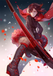 Rule 34 | 1girl, ask (askzy), belt boots, black hair, boots, cape, cross-laced footwear, dress, gun, knee boots, lace-up boots, multicolored hair, pantyhose, red hair, ruby rose, rwby, scythe, short hair, grey eyes, solo, weapon