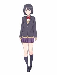 Rule 34 | 1girl, :&lt;, arms at sides, black eyes, black footwear, black hair, black jacket, black socks, blazer, blush, bob cut, bow, bowtie, cardigan, commentary, expressionless, full body, jacket, kneehighs, kyak bamboo, loafers, long sleeves, looking at viewer, original, plaid, plaid skirt, pleated skirt, purple skirt, red bow, red bowtie, school uniform, shirt, shoes, short hair, simple background, skirt, socks, solo, standing, thigh gap, walking, white background, white shirt, yellow cardigan