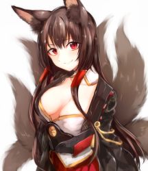 Rule 34 | akagi (azur lane), animal ears, azur lane, breasts, cleavage, closed mouth, commentary request, eyeliner, fox ears, fox mask, fox tail, hakama, hakama short skirt, hakama skirt, highres, japanese clothes, kitsune, large breasts, long hair, looking at viewer, makeup, mask, red eyes, red skirt, skirt, smile, solo, sukemyon, tail, wide sleeves