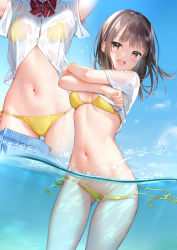 Rule 34 | 1girl, :d, arms up, bikini, blue skirt, blue sky, blush, bow, bowtie, breasts, brown eyes, brown hair, cleavage, clothes lift, clothes pull, cowboy shot, day, eighth note, gluteal fold, hair strand, highres, lifting own clothes, looking at viewer, medium breasts, mignon, multiple views, musical note, navel, open mouth, original, outdoors, partially visible vulva, plaid, plaid skirt, red bow, red neckwear, see-through, shirt, shirt lift, short hair, short sleeves, side-tie bikini bottom, skirt, skirt pull, sky, smile, stomach, string bikini, striped bow, striped bowtie, striped clothes, striped neckwear, swimsuit, undressing, untied bikini, wardrobe malfunction, water, wet, wet clothes, wet shirt, yellow bikini