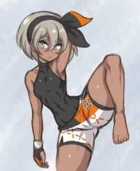 Rule 34 | 1girl, arm up, armpits, bea (pokemon), black bodysuit, black hairband, blue eyes, bodysuit, bodysuit under clothes, breasts, covered navel, creatures (company), dark-skinned female, dark skin, dojipan, game freak, gloves, grey background, grey hair, gym leader, hair between eyes, hairband, leg lift, nintendo, pokemon, pokemon swsh, short hair, shorts, single glove, small breasts, solo, standing, standing on one leg, thick thighs, thighs, toned, wide hips, wristband