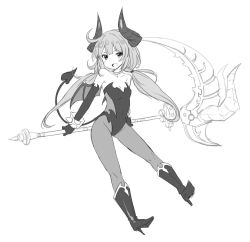 Rule 34 | 1girl, boots, copyright request, demon girl, demon horns, demon tail, greyscale, high heel boots, high heels, horns, long hair, looking at viewer, monochrome, pantyhose, scythe, simple background, single horn, sketch, smile, solo, tail, white background, wings, zaxwu