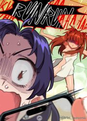 Rule 34 | 2girls, ahoge, angry, blush, breasts, dutch angle, gloom (expression), glowing, glowing eye, highres, katsuragi misato, long hair, looking at another, looking at viewer, medium breasts, multiple girls, naked towel, neon genesis evangelion, nude, open mouth, panicking, parted bangs, red eyes, red hair, scared, screaming, shaded face, shiny skin, shouting, snegovski, souryuu asuka langley, standing, towel, v-shaped eyebrows, watermark, web address, wet, wide-eyed