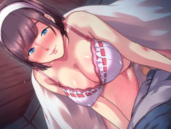 Rule 34 | 1girl, all fours, bare arms, bare legs, bare shoulders, blue eyes, blush, bra, breasts, brown hair, cleavage, closed mouth, covered erect nipples, hairband, heavenstar (studio), highres, indoors, large breasts, legs, looking down, lying, natsuki hajime, original, pajamas, panties, ryourinin, ore. oyakodon ni hamerareru, shiny skin, short hair, solo focus, spread legs, thighs, under covers, underwear, white hairband
