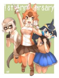 Rule 34 | 3girls, :d, absurdres, animal ear fluff, animal ears, anniversary, bare shoulders, black gloves, black hair, blonde hair, blowhole, blue dress, blue eyes, blue hair, bow, bowtie, brown skirt, cetacean tail, commentary request, common dolphin (kemono friends), dhole (kemono friends), dog ears, dog girl, dog tail, dorsal fin, dress, extra ears, fangs, finger to mouth, fins, fish tail, frilled dress, frills, glasses, gloves, green background, highres, kemono friends, kemono friends 3, light brown hair, long sleeves, looking at viewer, meerkat (kemono friends), meerkat ears, meerkat tail, multicolored hair, multiple girls, open mouth, orange eyes, pleated dress, pleated skirt, sailor dress, short hair, simple background, skirt, sleeveless, sleeveless dress, smile, sweater, tail, thighhighs, thin (suzuneya), white gloves, white hair, white neckwear, yellow eyes, zettai ryouiki