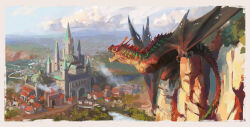 Rule 34 | animal focus, blue sky, border, castle, city, cityscape, claws, cloud, commentary, day, dragon, english commentary, fantasy, from above, highres, monster, neilvk, open mouth, original, outdoors, painterly, rock, scenery, sharp teeth, sky, solo, tail, teeth, western dragon, white border, wings, wyvern