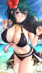 Rule 34 | 1girl, bikini, black bikini, blue eyes, blue hair, blush, breasts, byleth (female) (fire emblem), byleth (female) (summer) (fire emblem), byleth (fire emblem), cleavage, commentary, english commentary, fire emblem, fire emblem: three houses, fire emblem heroes, flower, hair flower, hair ornament, highres, ippers, large breasts, medium hair, midriff, navel, nintendo, official alternate costume, red flower, solo, swimsuit