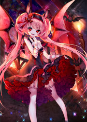 Rule 34 | 1girl, :d, animal ears, arm ribbon, bat (animal), black dress, black joa, breasts, candle, choker, demon wings, dress, fang, garter straps, gem, hairband, highres, lolita hairband, long hair, open mouth, original, pink hair, pink ribbon, red eyes, red ribbon, ribbon, skirt hold, small breasts, smile, solo, sparkle, strap slip, striped ribbon, thighhighs, twintails, very long hair, white thighhighs, window, wings