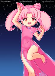 Rule 34 | 1girl, bishoujo senshi sailor moon, blush, chibi usa, china dress, chinese clothes, double bun, drantyno, dress, female focus, hair bun, highres, legs, long hair, looking at viewer, night, open mouth, pink dress, pink footwear, pink hair, red eyes, shoes, short sleeves, sky, smile, solo, standing, standing on one leg, star (sky), starry sky, teeth, twintails