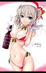Rule 34 | 10s, 1girl, alternate costume, bad id, bad pixiv id, bell, between fingers, blue eyes, bottle, bra, breasts, brown panties, christmas, cleavage, closed mouth, cowboy shot, cup, drinking glass, eyebrows, franz (217franz), fur trim, gloves, gradient background, green ribbon, hat, highres, holding, holding cup, holding drinking glass, kantai collection, kashima (kancolle), large breasts, letterboxed, long hair, looking at viewer, micro bra, navel, panties, red bra, red hat, red panties, ribbon, santa costume, santa hat, sideboob, silver hair, sketch, smile, solo, string panties, twitter username, two side up, underboob, underwear, underwear only, wine bottle, wine glass, | |
