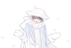 Rule 34 | 1boy, black hair, blue coat, blush, closed eyes, coat, commentary, facing viewer, hat, highres, kim dokja, long sleeves, male focus, mittens, omniscient reader&#039;s viewpoint, open mouth, scarf, short hair, simple background, smile, solo, symbol-only commentary, upper body, white background, white hat, white mittens, white scarf, winter clothes, ya qaq