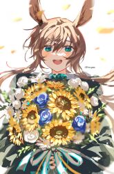 Rule 34 | 1girl, :d, absurdres, amiya (arknights), animal ears, arknights, blue flower, blue rose, bouquet, brown hair, flower, highres, holding, jewelry, long hair, narugrm, neck ring, open mouth, petals, rabbit ears, rose, simple background, smile, solo, sunflower, white background, white flower, white rose