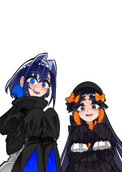 Rule 34 | 2girls, abigail williams (fate), abigail williams (fate) (cosplay), absurdres, black bow, black dress, blue eyes, blue hair, bow, commentary, cosplay, creator connection, crossover, dress, english commentary, fang, fate/grand order, fate (series), gradient hair, hair intakes, hat, highres, hololive, hololive english, koizumi arata, long hair, looking at viewer, meltryllis (fate), meltryllis (fate) (cosplay), multicolored hair, multiple girls, ninomae ina&#039;nis, open mouth, orange bow, orange hair, ouro kronii, purple eyes, purple hair, short hair, sidelocks, simple background, sleeves past wrists, tentacle hair, tentacles, trait connection, very long hair, virtual youtuber, white background
