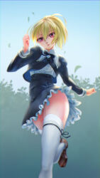 Rule 34 | 1girl, andou tazusa, assault lily, black ribbon, black skirt, blonde hair, blue sky, blurry, brown footwear, bush, buttons, commentary, cropped jacket, day, depth of field, falling leaves, foot out of frame, frilled skirt, frills, hair between eyes, hand up, high-waist skirt, juliet sleeves, leaf, leg ribbon, leg up, loafers, long sleeves, looking ahead, miniskirt, neck ribbon, nenshuu5man, outdoors, parted lips, ponytail, puffy sleeves, red eyes, ribbon, running, school uniform, shirt, shoes, short hair, skirt, sky, solo, thigh ribbon, thighhighs, upskirt, white shirt, white thighhighs, yurigaoka girls academy school uniform