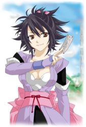 Rule 34 | 00s, artist request, black hair, bow, breasts, brown eyes, cleavage, corset, detached sleeves, elbow gloves, fujibayashi sheena, gloves, japanese clothes, kimono, large breasts, paper, purple kimono, purple theme, smile, tales of (series), tales of symphonia, wristband