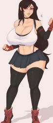 Rule 34 | 1girl, black hair, boots, breasts, choker, curvy, female focus, final fantasy, final fantasy vii, final fantasy vii remake, fingerless gloves, full body, gloves, heart, highres, huge breasts, lips, long hair, parted lips, red eyes, skindentation, skirt, solo, spookiebuni, square enix, thick lips, thick thighs, thighhighs, thighs, tifa lockhart, wide hips