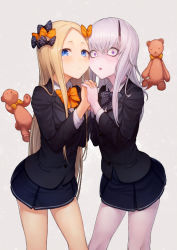 Rule 34 | 2girls, abigail williams (fate), bags under eyes, black bow, black jacket, black neckwear, blonde hair, blue eyes, blue skirt, blush, bow, bowtie, buttons, closed mouth, fate/grand order, fate (series), forehead, grey hair, hair bow, holding hands, horns, interlocked fingers, jacket, kyoeiki, lavinia whateley (fate), long hair, looking at viewer, multiple girls, open mouth, orange bow, orange neckwear, pale skin, parted bangs, polka dot, polka dot bow, purple eyes, school uniform, simple background, single horn, skirt, stuffed animal, stuffed toy, teddy bear, thighs, wide-eyed