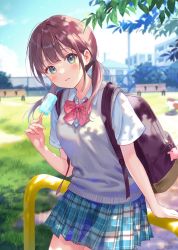 Rule 34 | 1girl, backpack, bag, blouse, blurry, bow, bowtie, collared shirt, depth of field, food, fukahire (ruinon), green eyes, highres, holding, holding food, low twintails, original, pleated skirt, popsicle, red hair, school uniform, shirt, skirt, sky, solo, striped bow, striped bowtie, striped clothes, twintails, uniform, white shirt