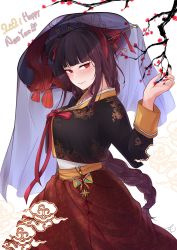 Rule 34 | 1girl, absurdres, alternate costume, alternate hairstyle, braid, breasts, chinese clothes, closed mouth, girls&#039; frontline, hand up, hanfu, hat, highres, large breasts, long hair, looking at viewer, purple hair, red eyes, red ribbon, ribbon, simple background, smile, solo, standing, stigmamyu, traditional clothes, very long hair, wa2000 (girls&#039; frontline)