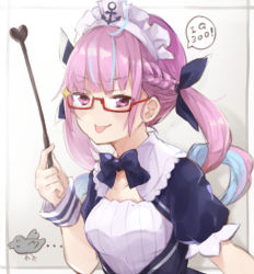 Rule 34 | 1girl, ahoge, anchor symbol, blue hair, blush, braid, collarbone, colored inner hair, frills, glasses, hair ribbon, holding, holding pointer, hololive, kase (kurimuzone oruta), long hair, looking at viewer, maid, maid headdress, minato aqua, minato aqua (1st costume), multicolored hair, pointer, purple eyes, purple hair, red-framed eyewear, ribbon, short sleeves, smile, solo, speech bubble, streaked hair, tongue, tongue out, twintails, two-tone hair, virtual youtuber