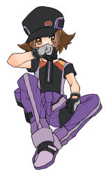 Rule 34 | 1boy, absurdres, black gloves, black hat, brown eyes, brown hair, covering own mouth, creatures (company), full body, game freak, gloves, hat, highres, hilbert (pokemon), hilbert (sygna suit) (pokemon), male focus, nintendo, official alternate costume, po posan, pokemon, pokemon masters ex, short hair, simple background, sitting, solo, white background