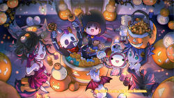 Rule 34 | + +, black dress, breasts, brown hair, candle, candy, cleavage, dog, dress, food, full body, gloves, halloween, headphones, highres, long hair, long sleeves, looking at viewer, multiple girls, official art, official wallpaper, open mouth, pumpkin, short hair, skullomania, smile, street fighter, street fighter ex (series), technictix, v
