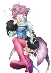 Rule 34 | 1girl, boots, breasts, dagger, earrings, fur, harold berselius, highres, jewelry, knife, open mouth, pink hair, purple eyes, short hair, tales of (series), tales of destiny 2, thigh boots, thighhighs, weapon