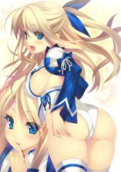 Rule 34 | 1girl, :3, ass, blue eyes, breasts, eyes visible through hair, finger to mouth, from behind, half updo, highleg, highleg leotard, highres, kinoshita ichi, large breasts, leotard, light brown hair, long sleeves, multiple views, non-web source, one side up, original, sideboob, sidelocks, thighhighs, white thighhighs