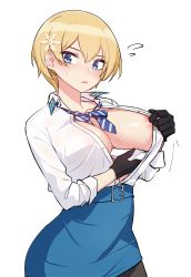 Rule 34 | belt, black gloves, black pantyhose, blonde hair, blue belt, blue eyes, blue skirt, blush, bow, bowtie, breasts, cleavage, clothes pull, collared shirt, dress shirt, girls&#039; frontline, gloves, hair between eyes, hair ornament, highres, large breasts, miniskirt, mole, mole under eye, narynn, open clothes, open mouth, open shirt, pantyhose, shirt, shirt pull, shirt tucked in, short hair, skirt, sleeves rolled up, snowflake hair ornament, solo, striped bow, striped bowtie, striped clothes, striped neckwear, sweat, vsk-94 (girls&#039; frontline), white shirt, wiping