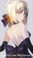 Rule 34 | 1girl, artoria pendragon (all), artoria pendragon (fate), astarone, bad id, bad twitter id, bare back, bare shoulders, blonde hair, dress, elbow gloves, fate/stay night, fate (series), gloves, looking at viewer, maid headdress, saber (fate), saber alter, solo, yellow eyes
