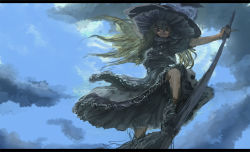 Rule 34 | 1girl, apron, bad id, bad pixiv id, blonde hair, blue sky, broom, broom surfing, buttons, cloud, dark clouds, day, dress, female focus, from below, grin, hat, hey taisyou, highres, holding, holding clothes, holding hat, kirisame marisa, leg lift, letterboxed, long hair, long image, outstretched arm, pinky out, sky, smile, solo, touhou, wide image, witch, witch hat