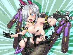 Rule 34 | ai yori akashi, areola slip, black gloves, blue eyes, breasts, chainsaw, collar, cosmic break, cosmic break 2, fang, gloves, grey hair, hair over one eye, highres, medium breasts, open mouth, pipis, short hair, spiked collar, spikes, sweatdrop, torn clothes