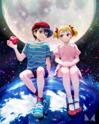Rule 34 | 1boy, 1girl, ana (mother), apple, artist logo, baseball cap, black hair, blonde hair, blue eyes, blue footwear, blue shorts, chichi band, dress, earth (planet), food, fruit, full moon, grin, hands on lap, hat, highres, holding, holding food, holding fruit, moon, mother (game), mother 1, ninten, nintendo, on mini planet, petals, pink dress, planet, red apple, red footwear, red headwear, red ribbon, red socks, ribbon, shirt, short hair, short twintails, shorts, sideways hat, sitting, smile, socks, striped clothes, striped shirt, twintails, white socks