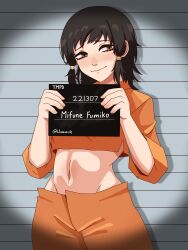 Rule 34 | 1girl, absurdres, black hair, chainsaw man, crop top, cropped shirt, highres, holding, l1amanade, low-tied sidelocks, midriff, mifune fumiko, navel, prison clothes, solo
