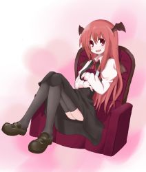 Rule 34 | 1girl, ass, bad id, bad pixiv id, book, chumatan, embodiment of scarlet devil, female focus, full body, gradient background, head wings, koakuma, long hair, red eyes, red hair, sitting, socks, solo, thighhighs, touhou, white background, wings