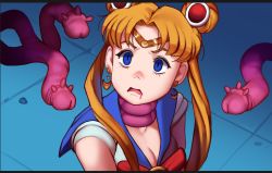 Rule 34 | 1girl, asphyxiation, bishoujo senshi sailor moon, black border, blonde hair, blue eyes, border, bow, breasts, circlet, cleavage, crescent, cum, drooling, earrings, facial, gaiidraws, jewelry, long hair, meme, open mouth, parted bangs, penis, red bow, sailor moon, sailor moon redraw challenge (meme), solo, strangling, tentacles, tile floor, tiles, twintails, upper body