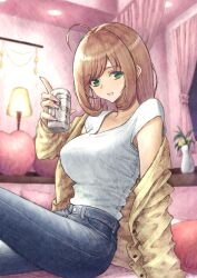 Rule 34 | 1girl, absurdres, ahoge, aramachi, asahi breweries, beer can, blush, breasts, can, denim, drink can, hair down, highres, holding, holding can, idolmaster, idolmaster cinderella girls, indoors, jacket, jacket partially removed, jeans, large breasts, light brown hair, looking at viewer, pants, sato shin, shirt, shirt tucked in, sitting, smile, solo, straight hair, white shirt, yellow jacket